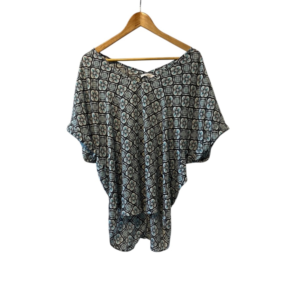 LUSH Blue Printed V Neck Loose Fit Short Sleeve Long Dressy Top L